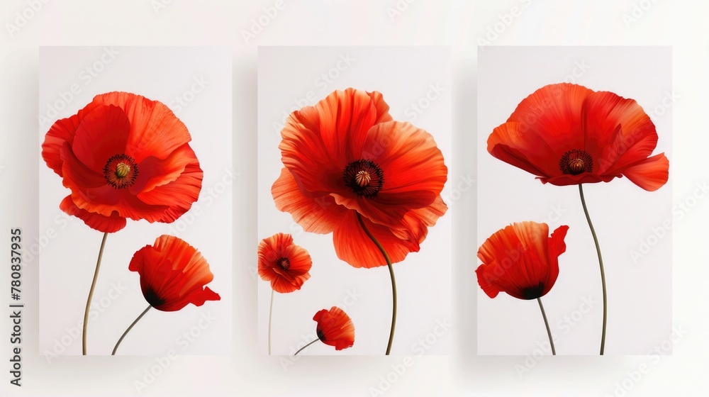 Obraz premium Three vibrant red flowers on a clean white background. Perfect for floral designs