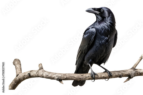 Isolated cutout image of a raven sitting on a branch with transparent background, perfect for dark, mysterious, and nature-themed designs.