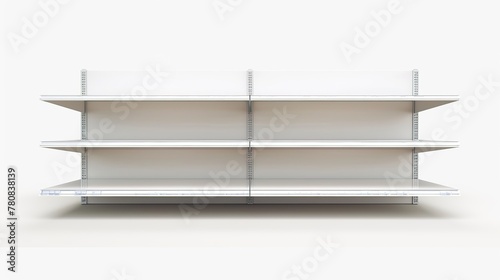 front facing, Photorealistic style image of a empty supermarket shelf facing the viewer, transperant png of grocery empty store shelf, clean display photo