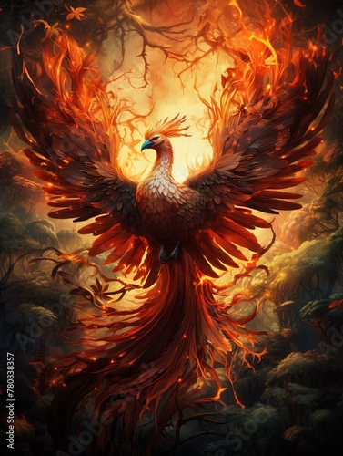 Photorealistic image of a Phoenix in a forest vibrant flames engulfing its feathers against a lush