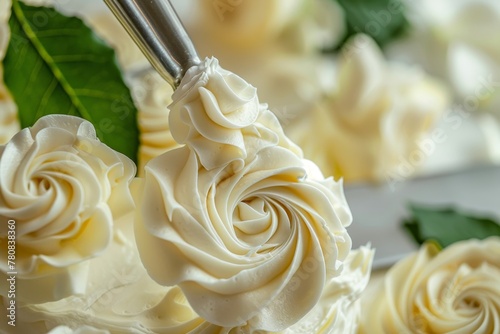 Macro shot of roses decorating a white cake with cream photo