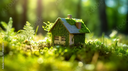Eco house. Green and environmentally friendly housing concept. Miniature wooden house in spring grass, moss and ferns on a sunny day