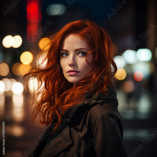 Beautiful woman with curvy red hair portrait on the night city street