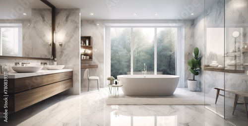 Beautiful Luxurious bathroom with a freestanding tub and marble accents © lali