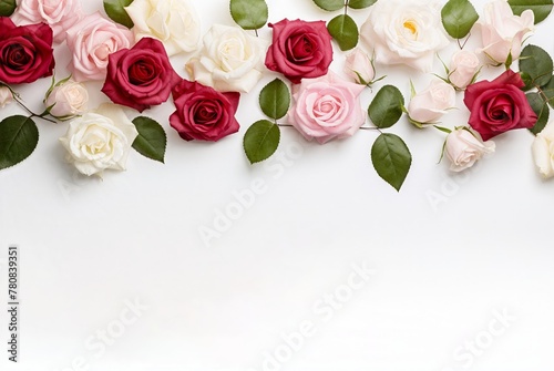 A top border of mixed roses in shades of red, pink, and white, with fresh green leaves on a white background. photo