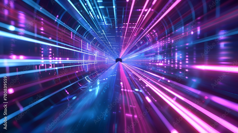 Abstract neon lights into digital technology tunnel. Futuristic technology abstract background with lines for network, big data, data center, server, internet, speed. 3D render