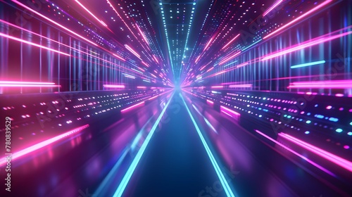 Abstract neon lights into digital technology tunnel. Futuristic technology abstract background with lines for network, big data, data center, server, internet, speed. 3D render