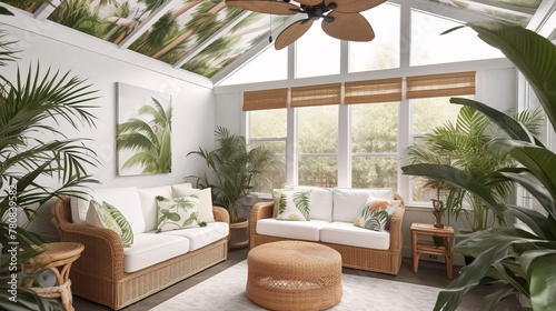 beautiful Bright and airy sunroom with a white wicker sofa, a tropical leaf print