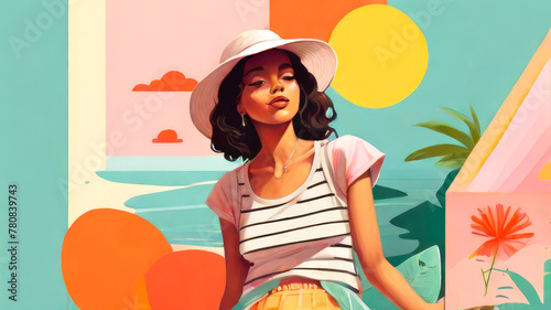 Stylish woman wearing a brimmed hat. Summer collage with people and fruits. Pastel summer background in retro style.