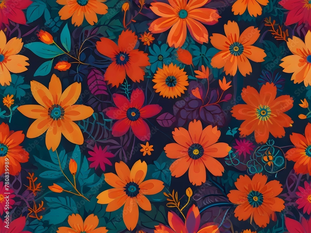 A seamless, abstract floral pattern with bold, geometric flowers in vibrant hues, generative AI