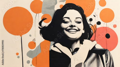 happy woman drawing banner in retro style