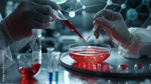 A closeup of hands holding a petri dish with red liquid, while another hand is putting a dropper in it 