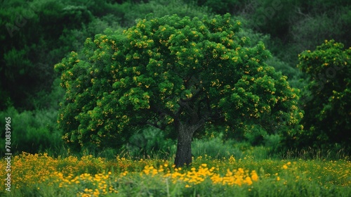 Green tree and yellow flowers