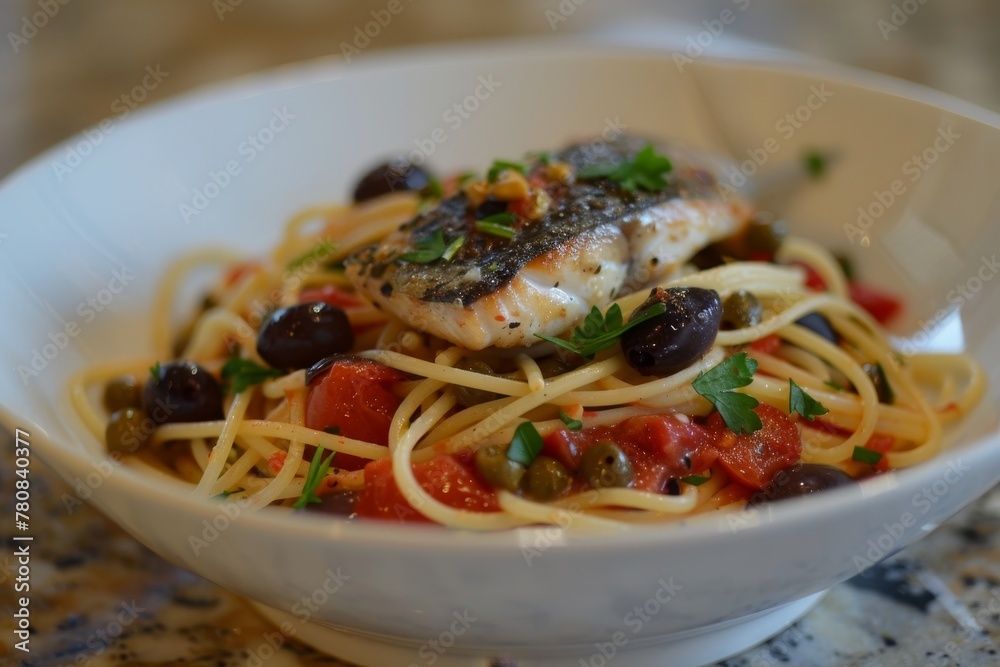 Pasta with garlic olives capers tomato and anchovies