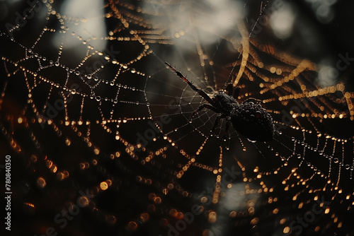 black house spider on its web with dew drops on a sunset background