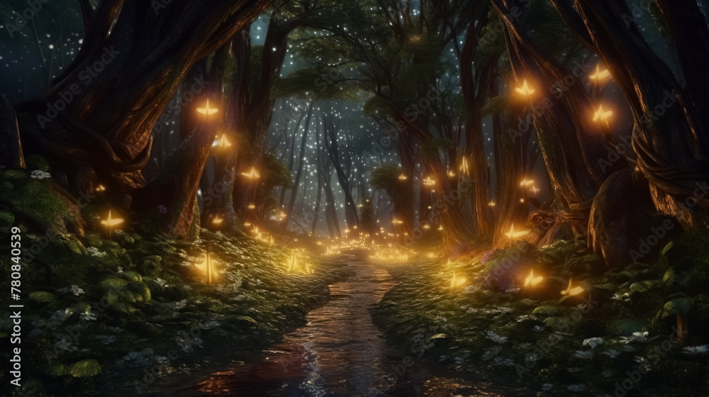 Fantasy forest at night, magic glowing path and lights in fairytale wood Fantasy forest at night, magic glowing path and lights in fairytale wood
