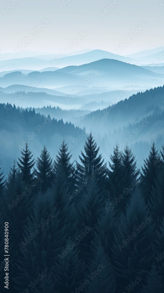Fototapeta premium Minimalist Misty Forest View Natural Beauty Artwork, Vertical Hiking Landscape Background, Minimal Modern Camping Art Backdrop, Contemporary Travel Nature Wallpaper