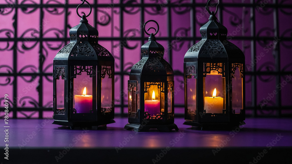 Fototapeta premium Ramadan Kareem with bright shining lantern and burning candles around it. The Muslim feast of the holy month of Ramadan Kareem on a night background.