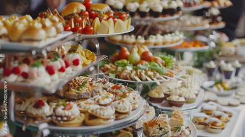 Amazing catering food, banquet table with different delicious foods on luxury celebration or wedding