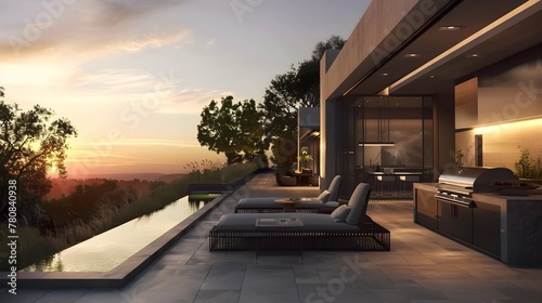 An expansive modern patio with comfortable lounge furniture a built-in grill and a stunning view of the sunset.