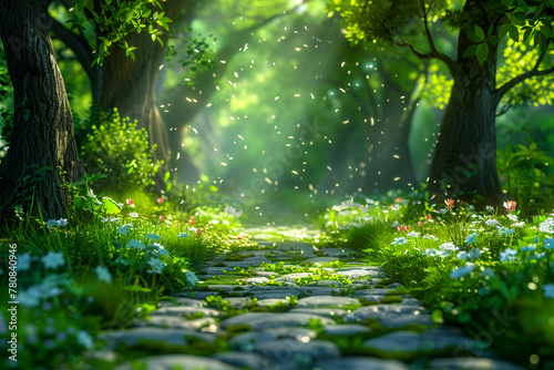 In a cartoon depiction, a cobblestone path embarks on a journey through a forest full of character, each tree and ray of light animated with joy.