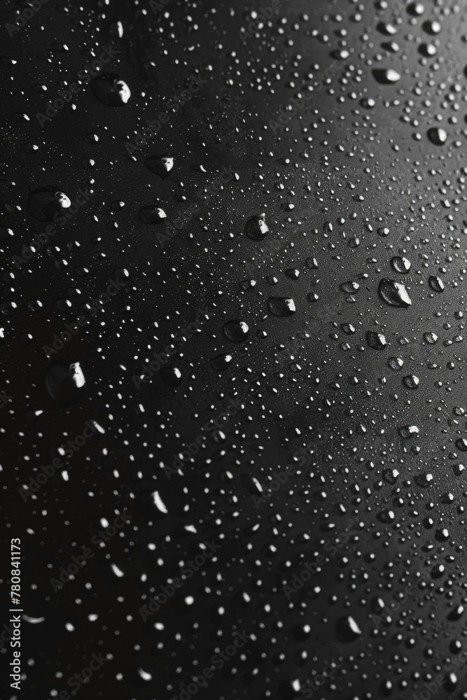Close up view of water droplets on a black surface, ideal for backgrounds and textures Close up view of water droplets on a black surface, ideal for backgrounds and textures