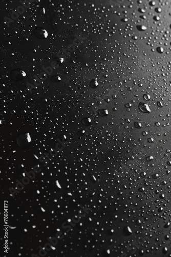 Close up view of water droplets on a black surface, ideal for backgrounds and textures