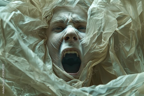 A man with his mouth open covered in plastic. Suitable for healthcare or environmental themes