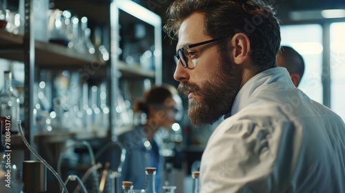 A man in a lab coat carefully examining something. Perfect for science and research concepts