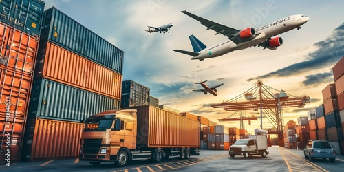 Logistic import export and transport container truck in ship port for business Logistics and transportation of Container Cargo ship and Cargo plane with working crane bridge in shipyard