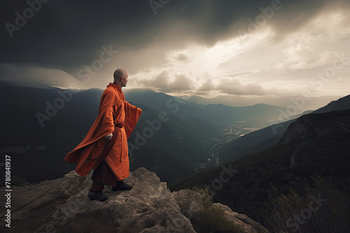 Monk Overlooking Misty Mountain Range at Twilight
