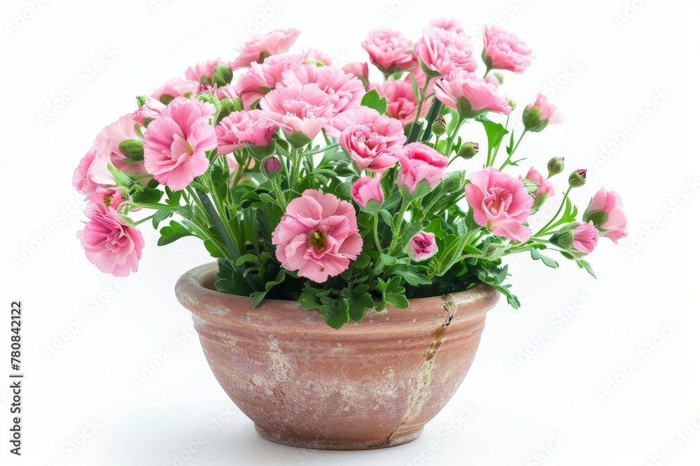 Pink eustomas in white pot on white background