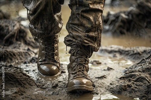 Perseverance Through Adversity: Muddy Boots on Rugged Terrain photo