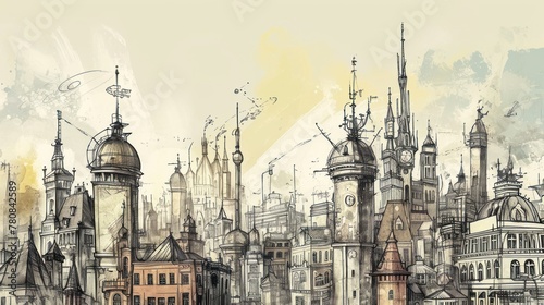 Drawing of a cityscape with old-fashioned architecture. Buildings of different sizes have spiers and domes. There are birds flying in the sky and the background is a mixture of beige and gray colors.