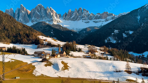 Spring landscape Dolomites Alps Santa Maddalena village Val di Funes valley South Tyrol Italy photo