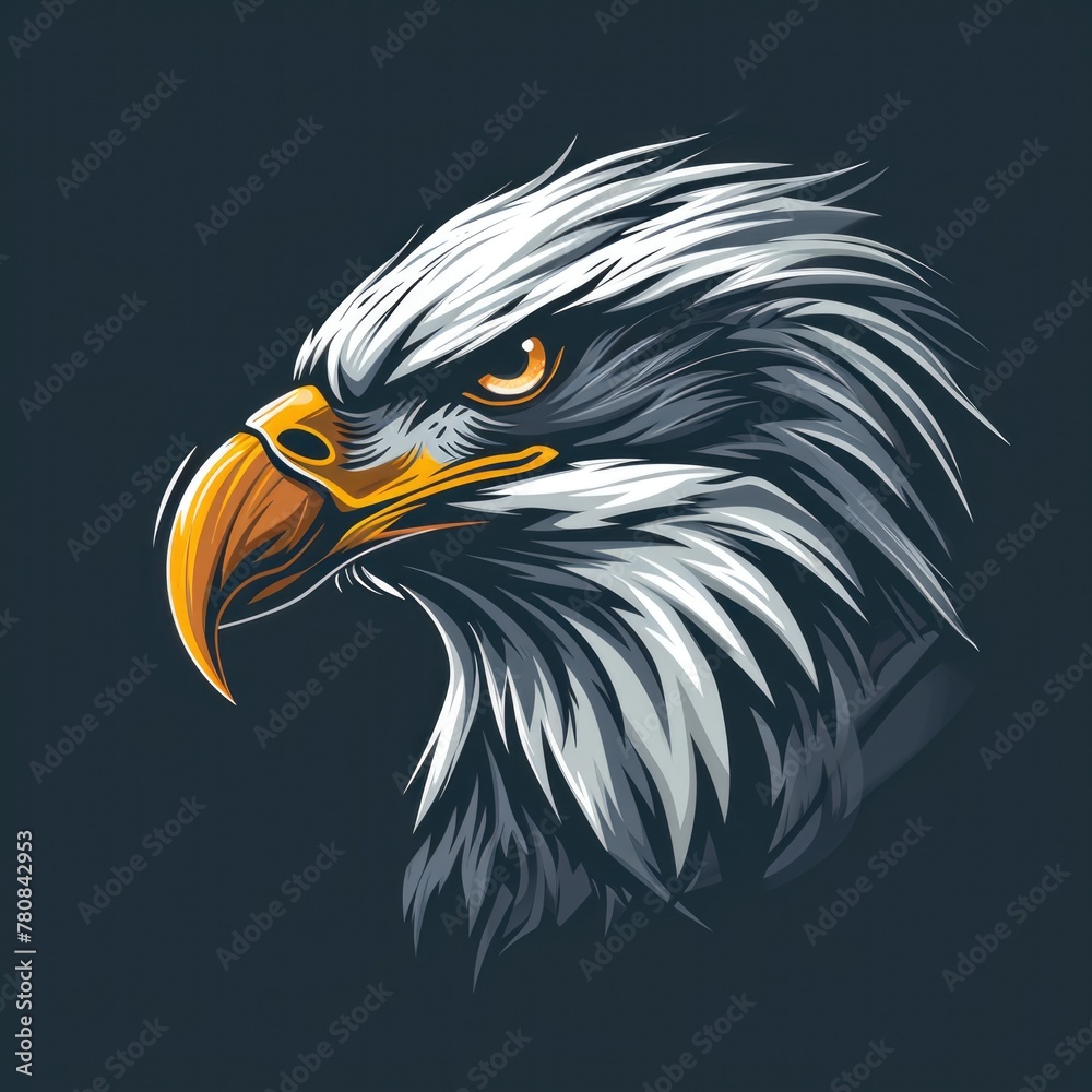 Fototapeta premium Close-up view of an eagle portrait with intricate feather details, set against darkness.