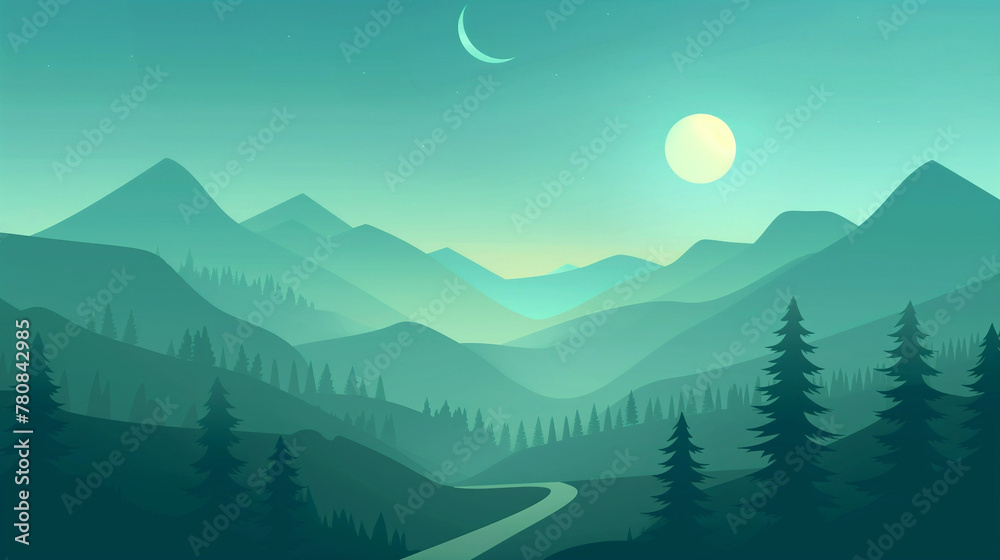 copy space, A flat graphic of an evening mountain landscape, with simple shapes and muted green and blue tones. A road leading into the mountains, trees on both sides. A crescent moon is above the sky