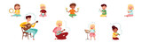 Funny Kid Character Playing Musical Instrument at Music Lesson Vector Set