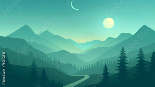 copy space, A flat graphic of an evening mountain landscape, with simple shapes and muted green and blue tones. A road leading into the mountains, trees on both sides. A crescent moon is above the sky