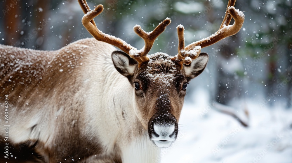 Snowflakes settling on the antlers of a reindeer in a wintry forest.