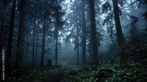 Mysterious forest with dense trees, perfect for spooky or nature-themed projects photo