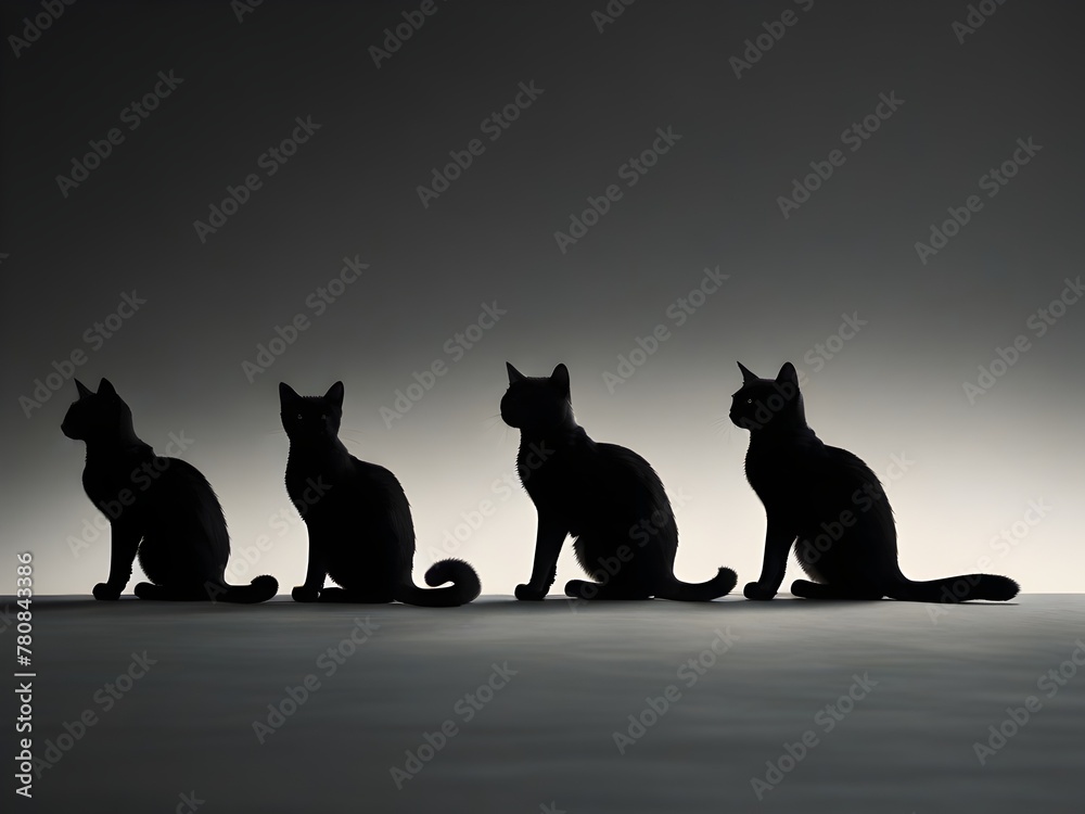 Minimalist cats in various poses, silhouetted against a solid background, generative AI