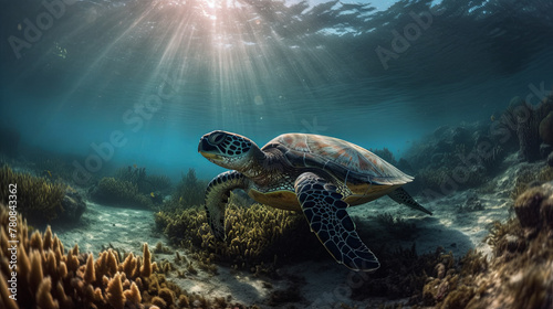 A close-up of a turtle on the seabed