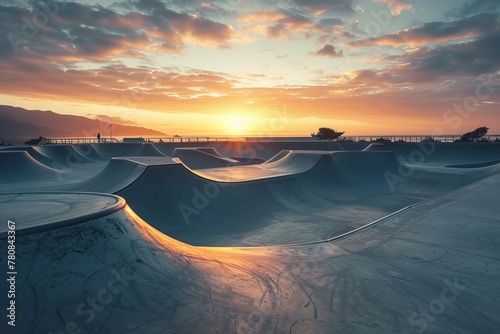 Sunrise at a skatepark with concrete tubes and jumps photo
