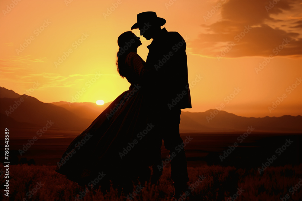 Vintage Western Romance: Cowboy and young woman Embrace in Sunset Glow on Old Farm. Silhouette of Romantic Couple in Love: Cowboy and Cowgirl Hugging at Sunrise on Ranch. Historical couple in love