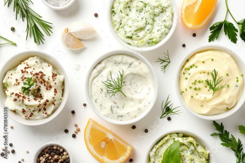 Tartar sauce in various porcelain bowls on white background seen from above