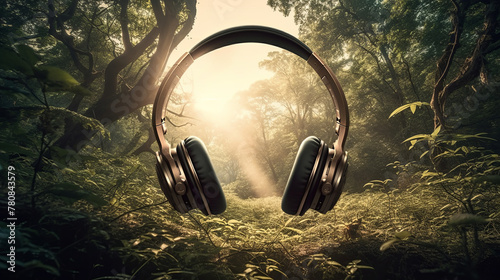 Headphones floating in the forest photo