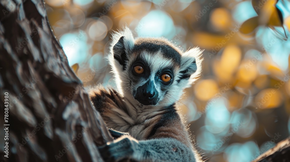 Naklejka premium Close up of a lemur on a tree. Suitable for nature-themed designs