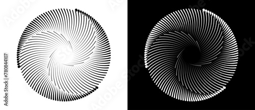 Set of circles with lines. Black spiral on white background and white spiral on black background. Dynamic design element with 3 parts.