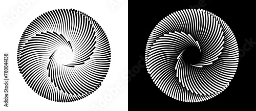 Set of circles with lines. Black spiral on white background and white spiral on black background. Dynamic design element with 3 parts. © Mykola Mazuryk